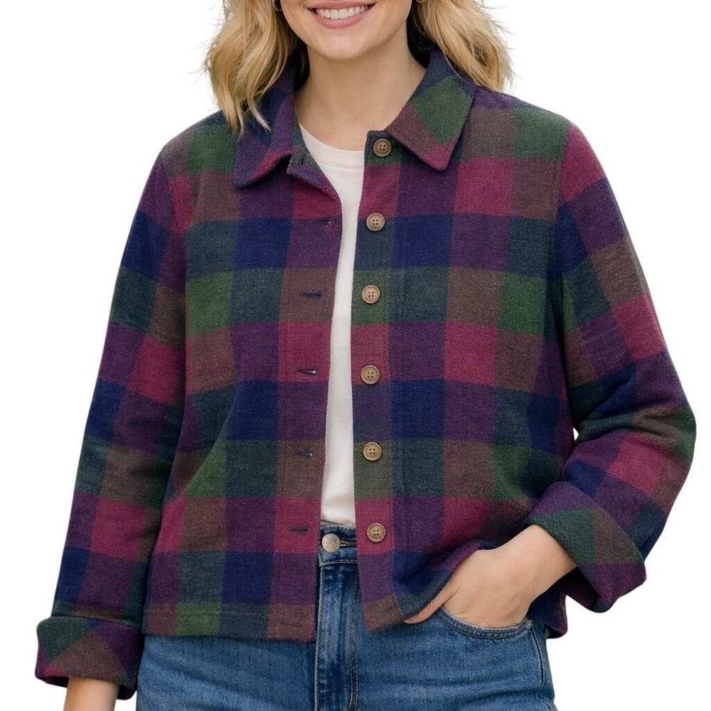 Vintage 90's Allison Daley Multicolor Plaid‎ Shacket Button Down Size 12 Petite